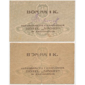 Zakopane, Hotel SPORT, 1 korona (1919) - różne stemple - zestaw (2szt)