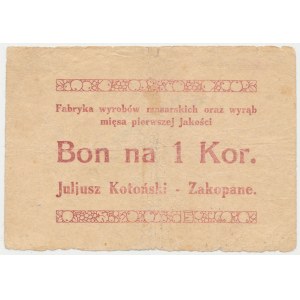 Zakopane, J. Kotoński Fabryka wyrobów masarskich..., 1 korona (1919)