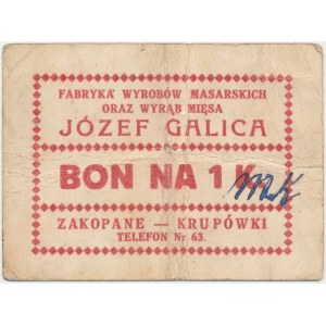 Zakopane, J. Galica Fabryka Wyrobów Masarskich..., 1 marka / 1 korona (1919)