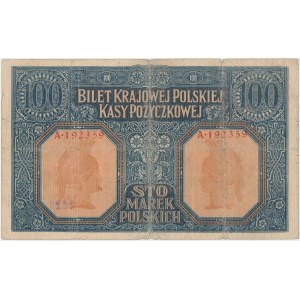 100 mkp 1916 jenerał - ostemplowane numeratorem na aweresie - z kolekcji falsyfikatów