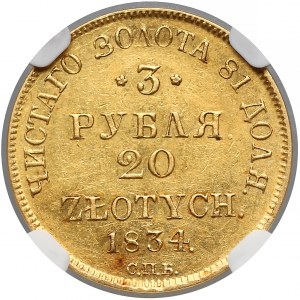 3 ruble = 20 złotych 1834 ПД, Petersburg - b. ładne - NGC MS61