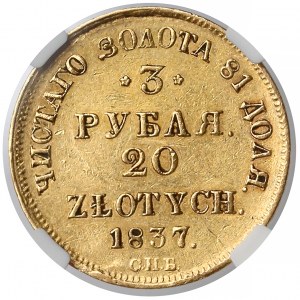 3 ruble = 20 złotych 1837 ПД, Petersburg - NGC XF
