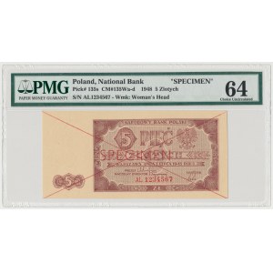 SPECIMEN 5 złotych 1948 - AL - PMG 64