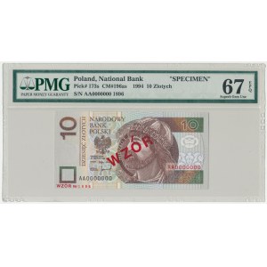 WZÓR 10 złotych 1994 - AA 0000000 - Nr 1896 - PMG 67 EPQ