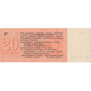 Łódź, Urząd Starszych Zg. Kupców, 20 kopiejek (1914) - wystawca stemplem - P - z grzbietem