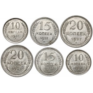ZSRR, 10, 15 i 20 kopiejek, 1927-1928, zestaw (6szt)