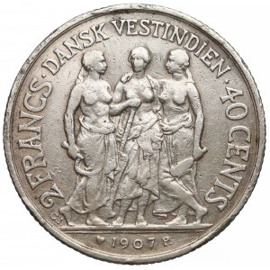 Dania, Duńskie Indie Zachodnie, 2 franki 1907 / 40 centów - RZADKIE