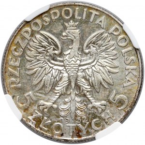 Głowa Kobiety 5 złotych 1932 Warszawa - rzadkie - NGC AU53