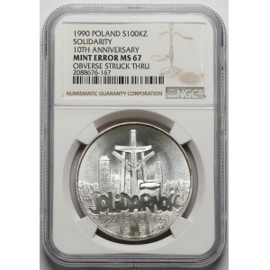 100.000 złotych 1990 Solidarność - odm.A - NGC mint error MS67 