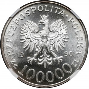 100.000 złotych 1990 Solidarność - odm.A - NGC mint error MS67 