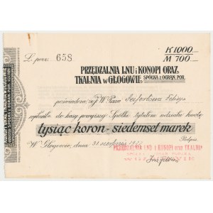Przędzalnia Lnu i Konopi oraz Tkalnia w Głogowie, Druk wpłaty 1.000 kr = 700 mkp 1922