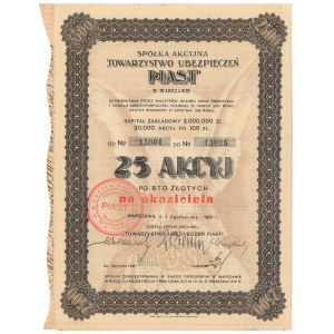 Spółka Akcyjna Towarzystwo Ubezpieczeń PIAST, 25x 100 zł 1929