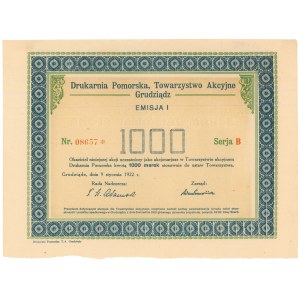 Drukarnia Pomorska, Towarzystwo Akcyjne Grudziądz, Em.1, 1.000 mkp 1922