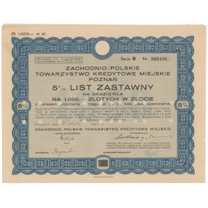 Poznań, Zachodnio-Polskie TKM, List zastawny 1.000 zł 1936