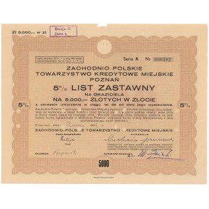 Poznań, Zachodnio-Polskie TKM, List zastawny 5.000 zł 1939