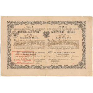 WESTA Bank Wzajemnych Zabezpieczeń Na Życie, Certyfikat Udziału na 100 talarów 1878