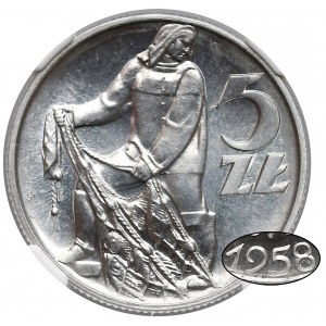 5 złotych 1958 Rybak - BAŁWANEK - NGC MS65