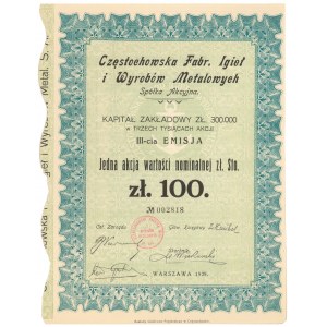 Częstochowska Fabr. Igieł i Wyrobów Metalowych, Em.3, 100 zł 1929