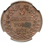 Powstanie Listopadowe, 3 grosze 1831 KG - łapy zgięte - RZADKOŚĆ - NGC MS63 BN