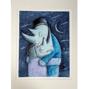 Rhinoceros in Love by Józef Wilkoń, limited edition inkograph L from the series Rhino Blues illustration for the book by Agnieszka Taborska 2008.