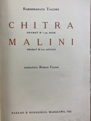 [okładka] Tagore Rabindranath, Chitra dramat w jednym akcie/ Malini dramat w dwóch akcjach