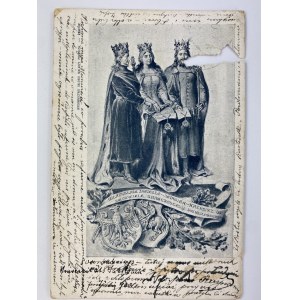 Correspondence card. Founders of the Jagiellonian University. Władysław Jagiełło - Jadwiga - Kazimierz W.