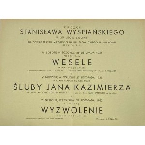 [Theaterplakat] 3 Aufführungen zu Ehren von Stanislaw Wyspianski an seinem 25. Todestag