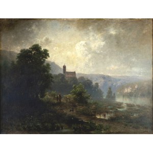 Aleksander Władysław MALECKI (1836 - 1900), Landschaft mit Kirchensilhouette (Gebirgslandschaft, Landschaft aus der Gegend von München), 1869.