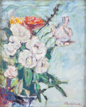 Czesław Rzepiński (1905 Strusów k. Trembowli - 1995 Kraków), Białe kwiaty w niebieskim wazonie