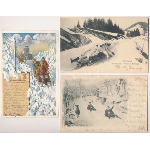 3 db RÉGI hosszú címzéses téli sport motívum képeslap: szánkózás / 3 pre-1905 winter sport postcards, sledding...