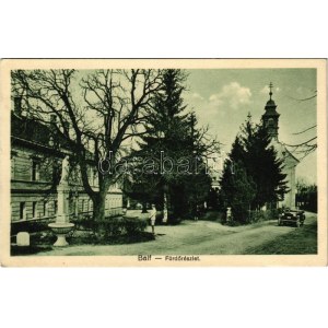 1929 Balf (Sopron), Fürdő részlet, automobil, templom. Lobenwein Harald fotóműterme (EK)