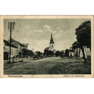 1930 Biharkeresztes, Fő tér, református templom, autó (EK)