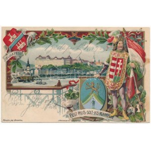 1903 Budapest székesfőváros. Pest-Pilis-Solt-Kis-Kun megye címere és magyar zászló. Athenaeum Rt. kőnyomdája...