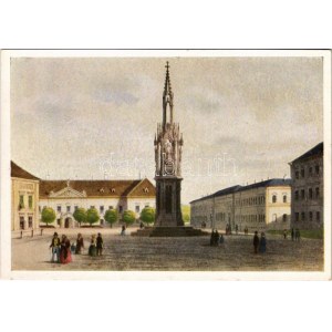 Budapest I. Szent György tér a várban. Rudolf Alt rajza után készült színezett kőnyomat Sandmanntól (EK...