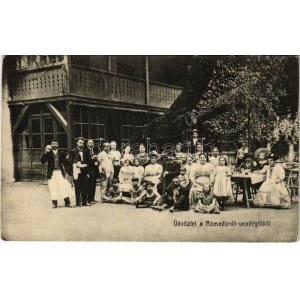 1910 Budapest III. Római fürdő vendéglő (Rómaifürdő), étterem kert vendégekkel és pincérekkel...