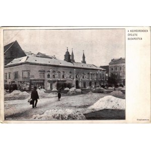 Budapest V. Városház tér télen, A kegyesrendiek épülete, Világ Panoráma, Mozgó mozi, Barhó Ferenc üzlete (EK...
