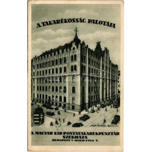 1937 Budapest V. A Takarékosság palotája, Magyar királyi Posta Takarékpénztár székháza, villamos, automobil...