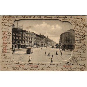1901 Budapest VI. Octogon tér, villamos, Budapest képes politikai napilap, Abbazia kávéház, Prindl Nándor üzlete...