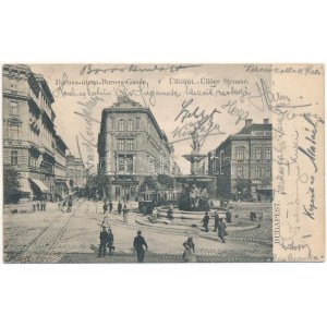 1905 Budapest VIII. Baross utca, Üllői út, Kálvin tér, villamos, gyógyszertár, szökőkút (fl...