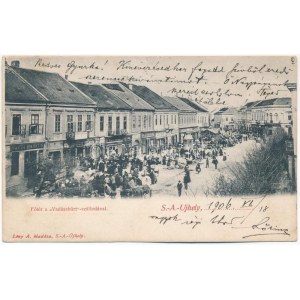 1906 Sátoraljaújhely, Fő tér, Vadászkürt szálloda, piac árusokkal, Safir Markus, Szentgyörgyi Vilmos, Engel Sámuel...