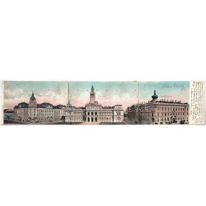 1904 Arad, Városház tér, Csanádi palota, Városháza, Pénzügyi palota. 3-részes kihajtható panorámalap...