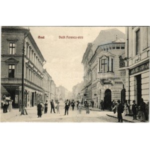 1907 Arad, Deák Ferenc utca, Gyógyszertár, üzletek. Kerpel Izsó kiadása / street view, pharmacy, shops (r...