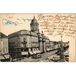 1911 Arad, Andrássy tér, emeletes autóbusz, emlékmű, Központi divatáruház üzlete, piac, Minorita templom. Ingusz J...