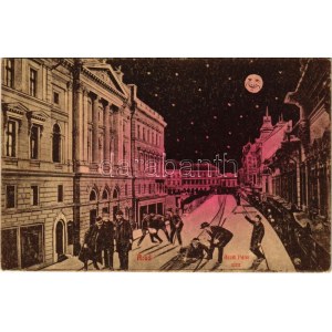 1910 Arad, Aczél Péter utca este. Humoros montázs részeg férfiakkal. Ingusz J. és Fia kiadása / street view at night...