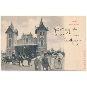 1904 Arad, Nyári színház. Ifj. Klein Mór kiadása. Montázs hintóval, előkelő urakkal és hölggyel / Summer Theatre...