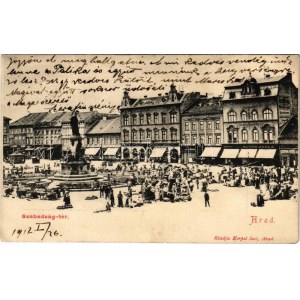 1912 Arad, Szabadság tér, piac, Kuttn Gyula üzlete, Adriai Biztosító / square, market, shops