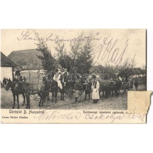 1905 Bánffyhunyad, Huedin; Kalotaszegi lakodalmi csetenyés szekér. Csoma Sándor kiadása / Transylvanian folklore...