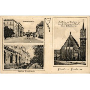 Beszterce, Bistritz, Bistrita; Komitatsgebäude, Ev. Kirche und Stadtturm aus dem 15. Jahrhundert ...