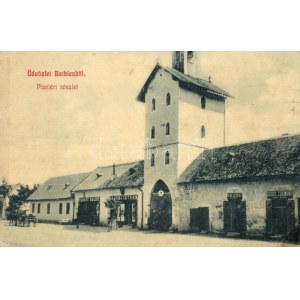 Bethlen, Beclean; Piac téri részlet, Bárány Bálint, Kajári István, Deák Albert, Szőcs Zsigmond üzlete. W. L. 1902. ...