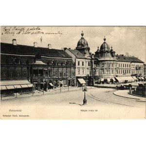 Kolozsvár, Cluj; Mátyás király tér, Böckel, Jeney Lajos, Reményik L. és fiai üzlete. Schuster Emil kiadása / square...